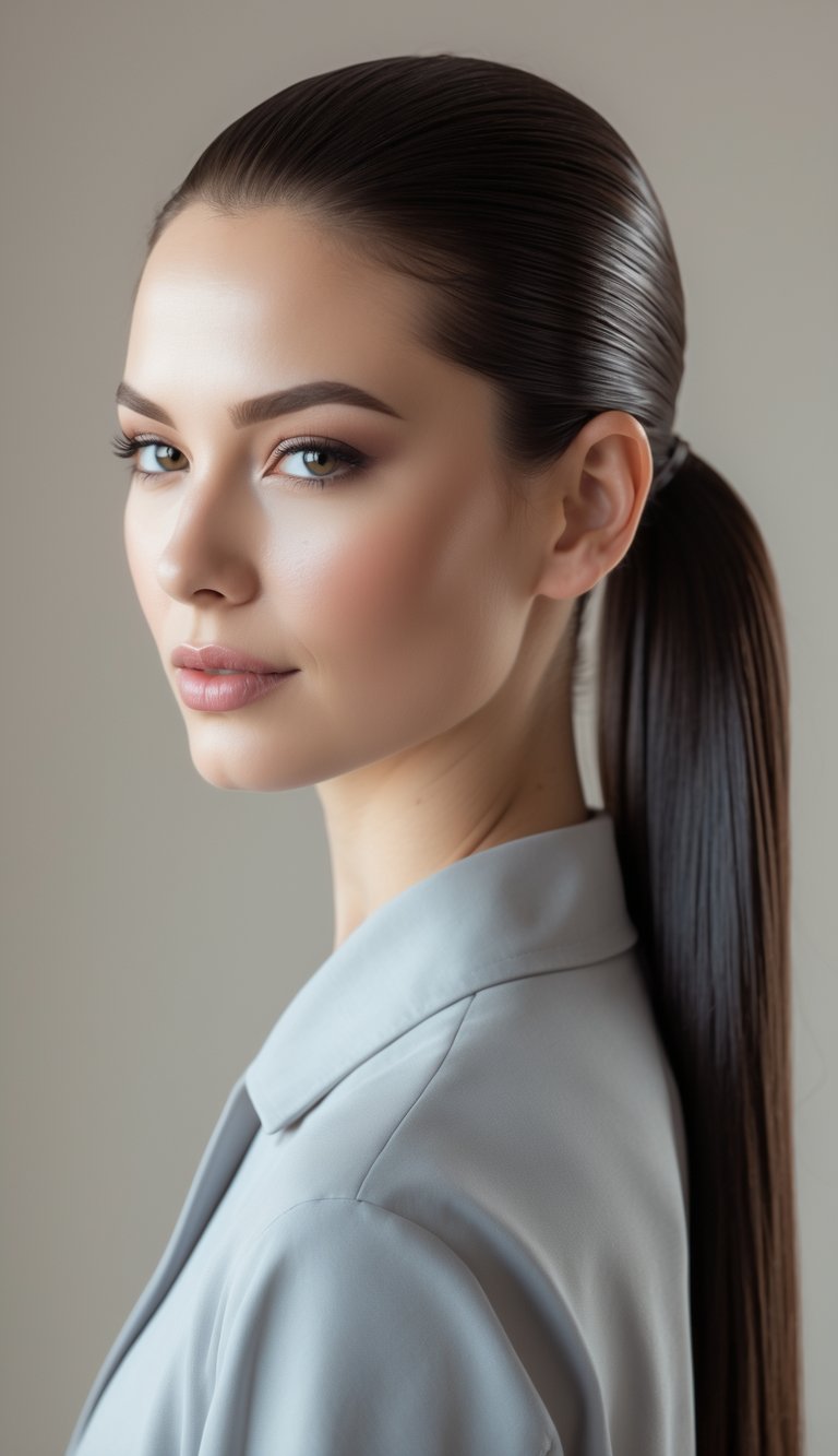 A woman with her hair pulled back into a low ponytail, standing against a plain background.