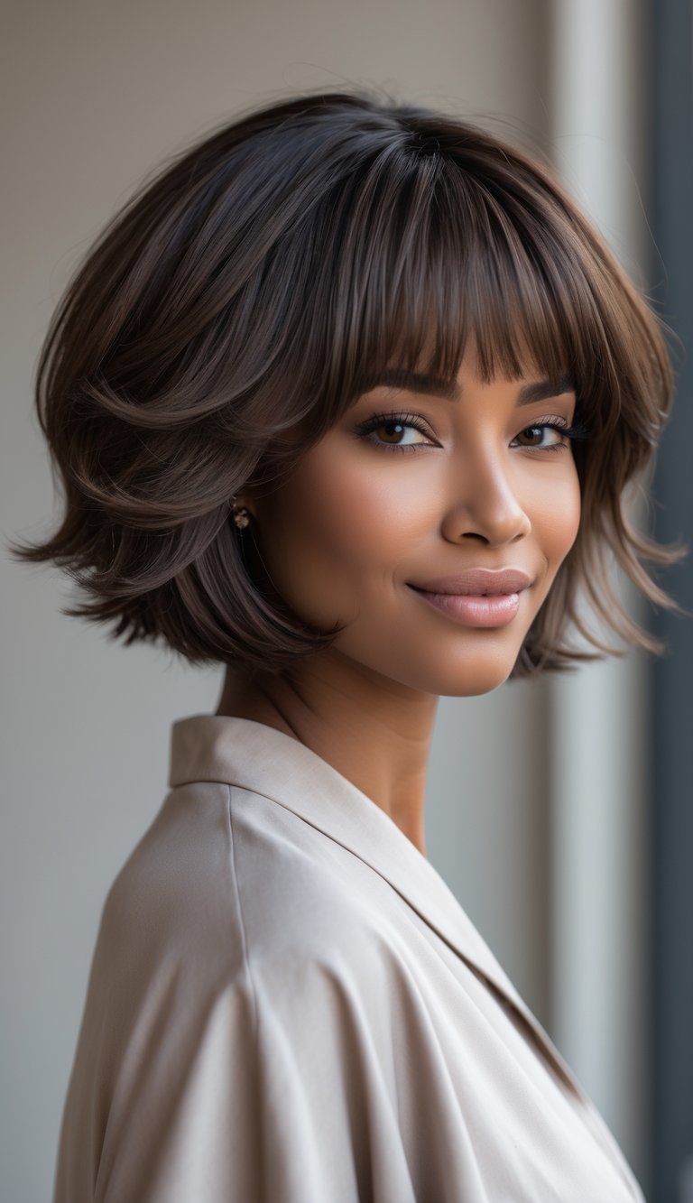 A woman with thick hair styled in a choppy bob with layered texture, smiling gently against a softly blurred background.