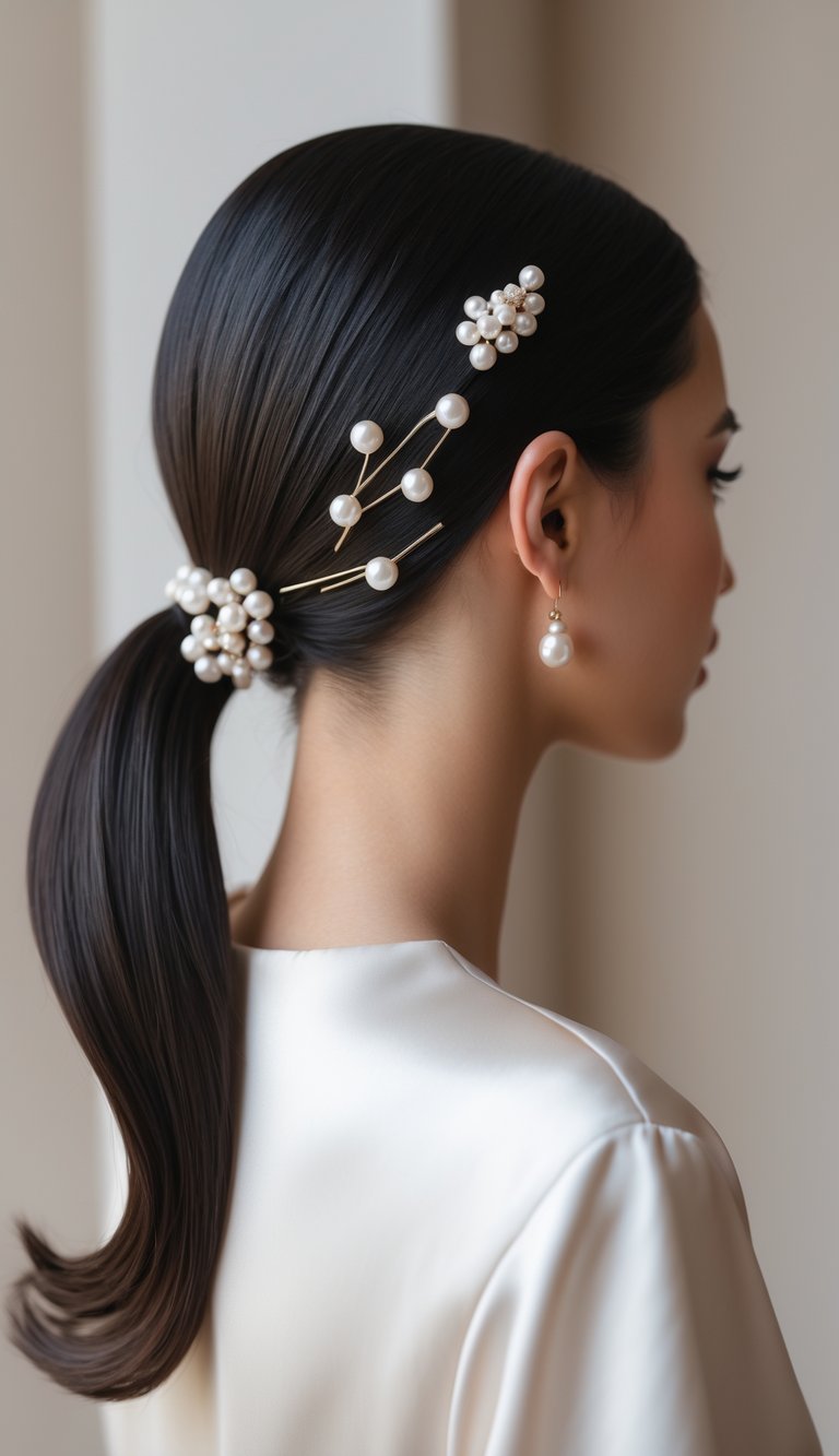 A woman with a neat low ponytail decorated with pearl hair pins, shown from the back and side against a blurred neutral background.