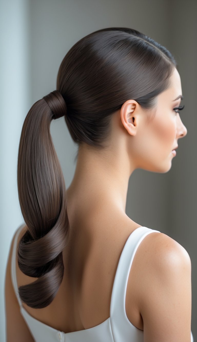 A woman with dark hair styled in a low ponytail wrapped around the elastic band, shown from the back against a blurred neutral background.