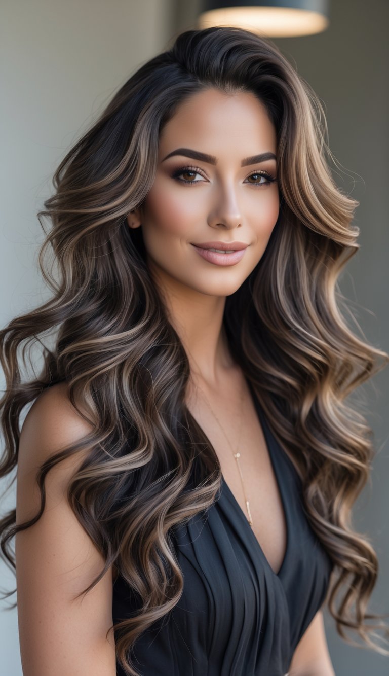 A woman with long wavy hair parted in the middle, smiling gently against a plain background.