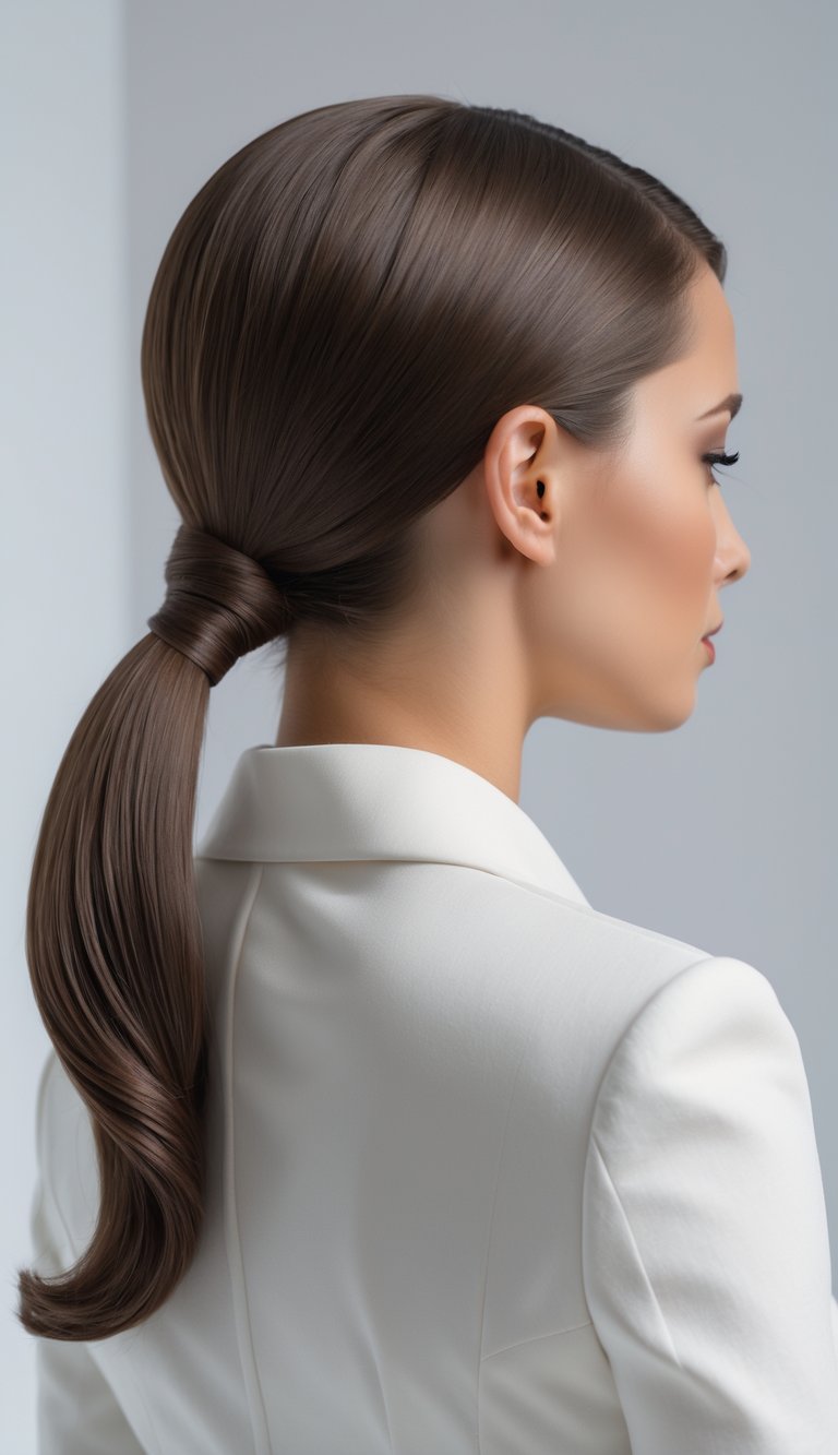 A woman with dark hair styled in a low ponytail with a twist at the base, shown from the back and side against a plain background.