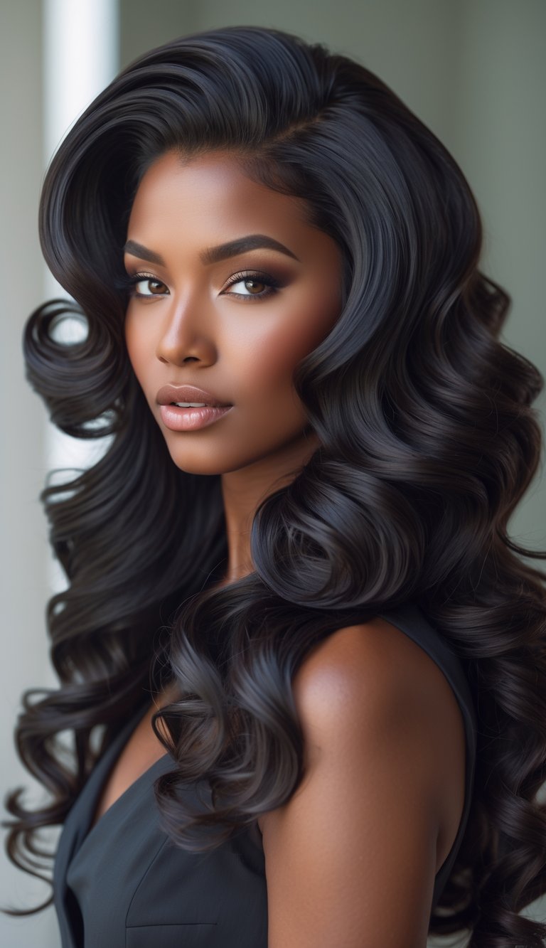 A woman with long, thick wavy hair swept to one side, looking confidently at the camera.