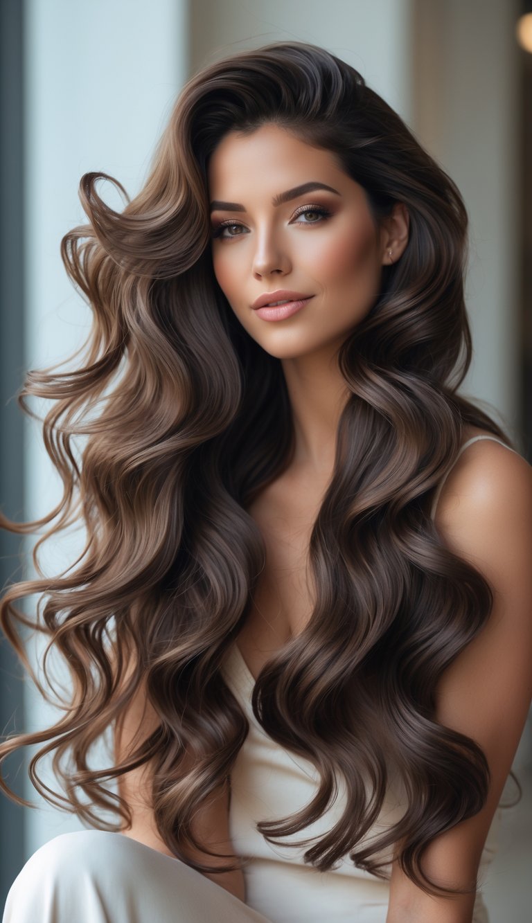 A woman with long, loose cascading wavy hair flowing over her shoulders.
