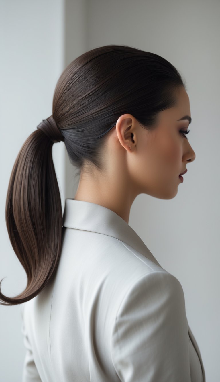 A woman with her hair styled in a low ponytail with a side bun, photographed from the back and side against a plain background.