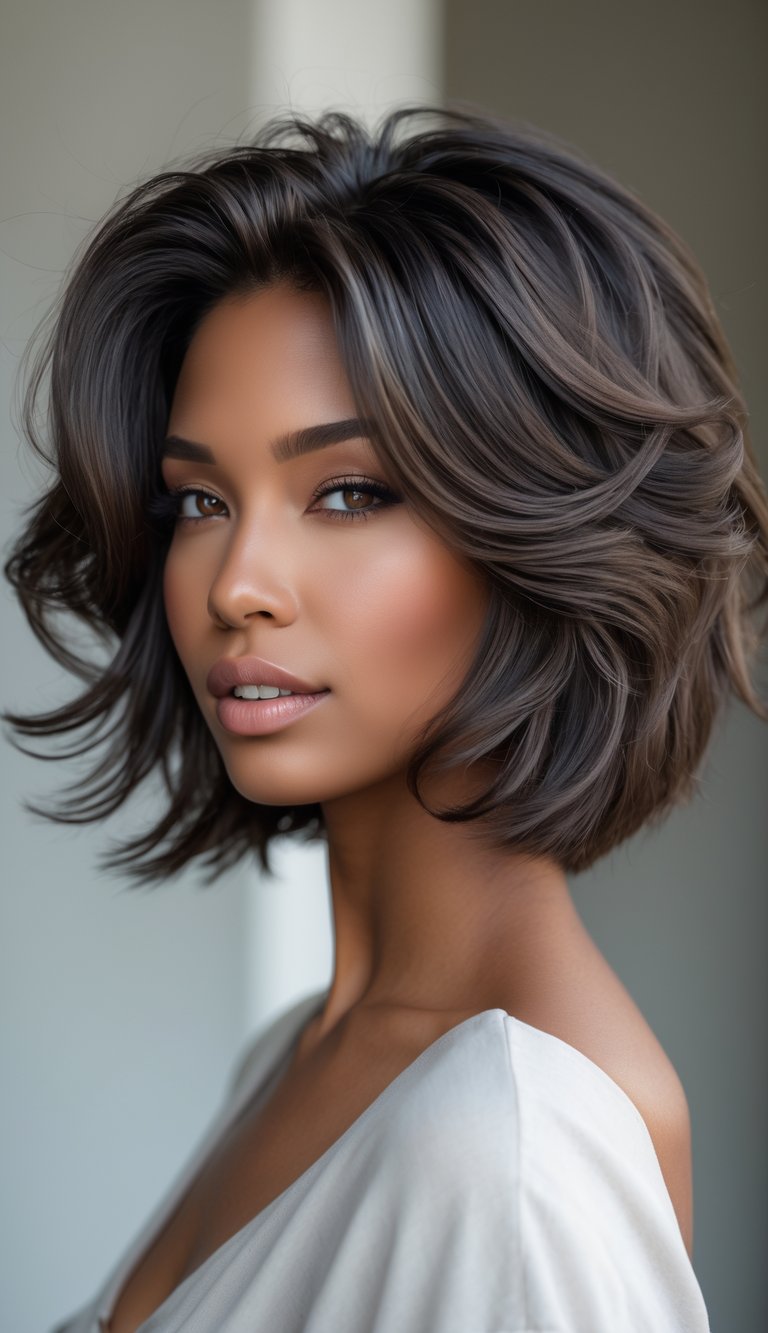 A woman with thick hair styled in a tousled bob with a side part, looking confidently at the camera against a neutral background.