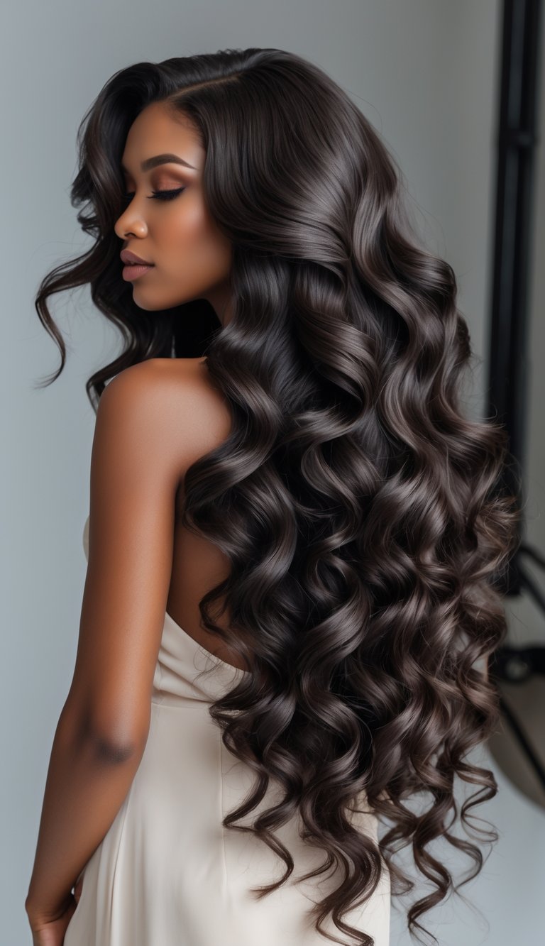 A woman with long, deep wavy hair flowing over her shoulders against a plain background.