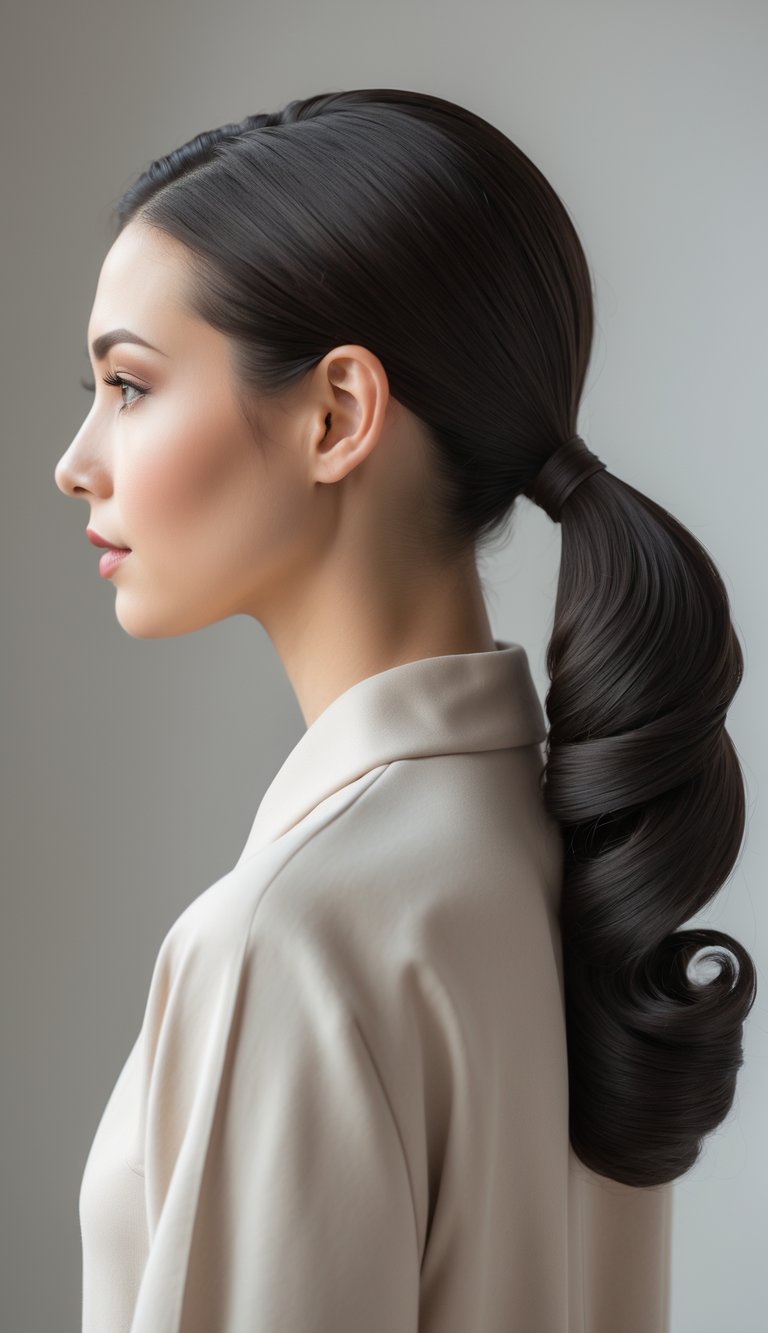 A woman with dark hair styled in a low ponytail with curled ends, shown from the side against a plain background.
