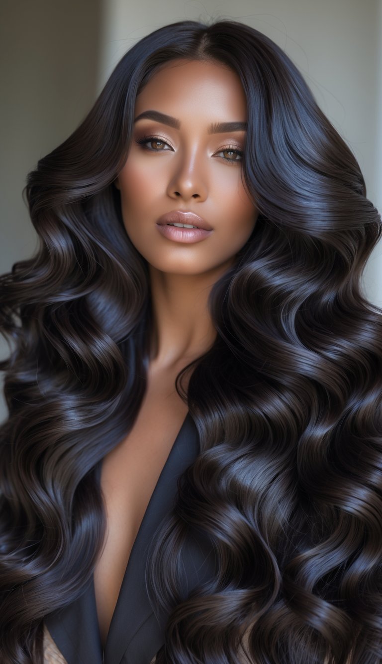 Close-up of a woman with long, glossy wavy hair flowing over her shoulders.