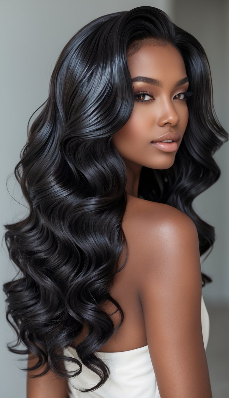 A woman with long wavy hair posing against a plain background.