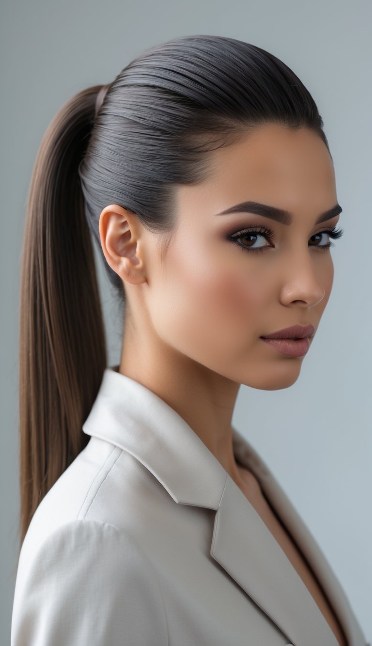 Portrait of a woman with her hair pulled back into a low ponytail, standing against a plain background.