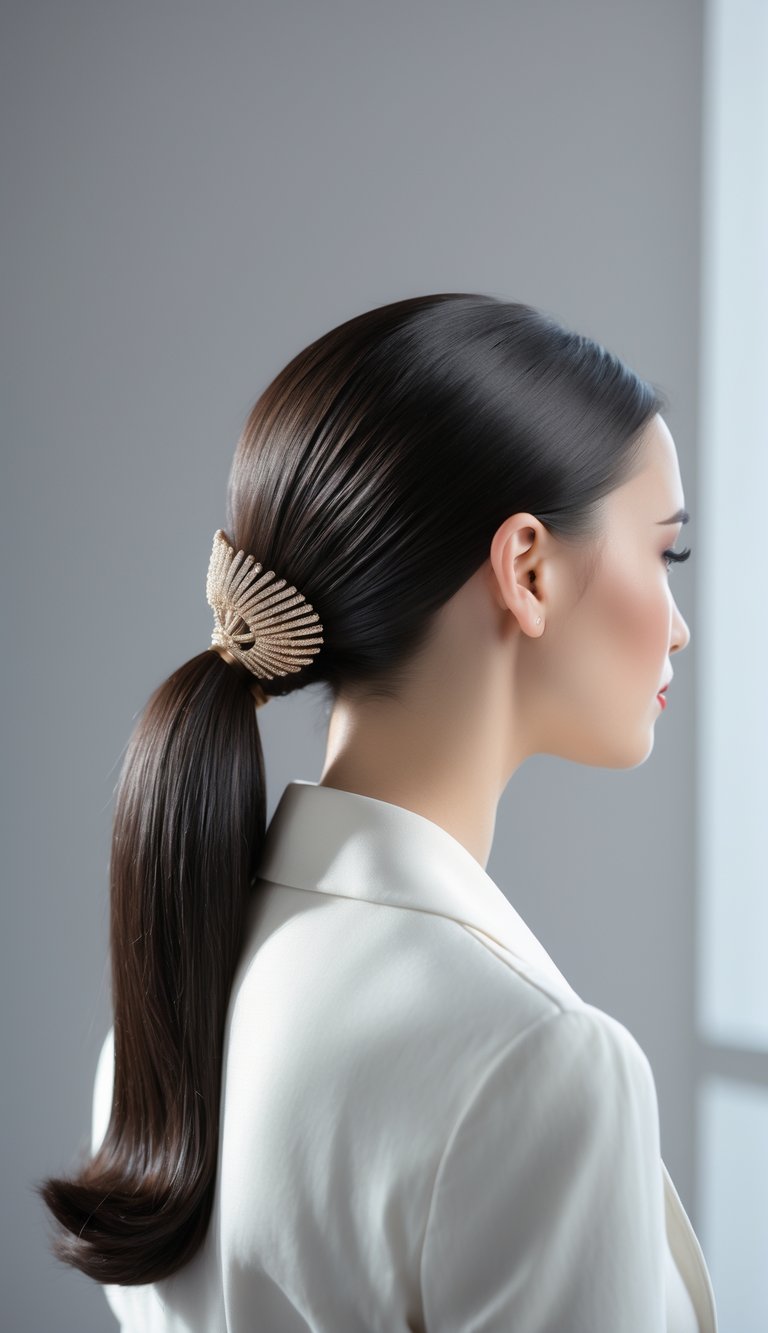 A woman with her hair pulled back in a low ponytail, wearing a decorative hair accessory.