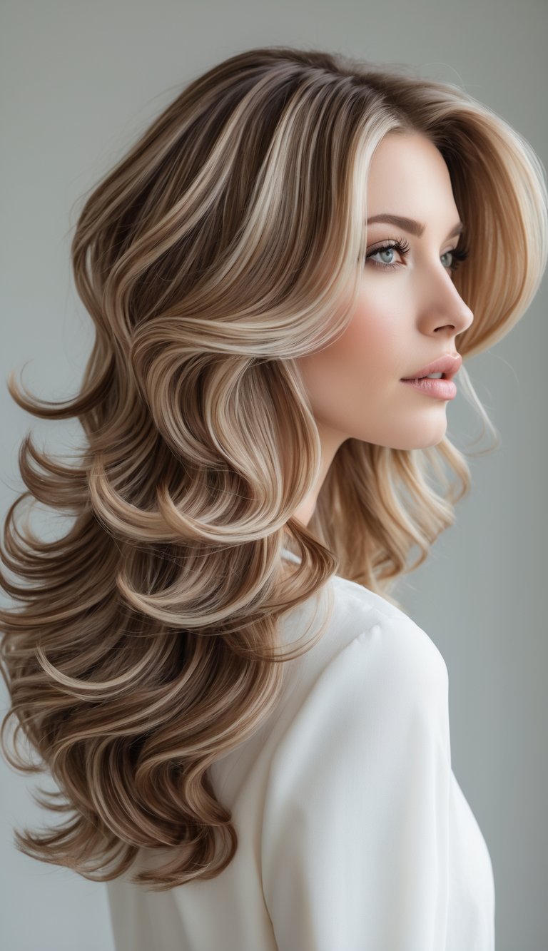 Woman with long, layered wavy hair featuring subtle highlights against a plain background.