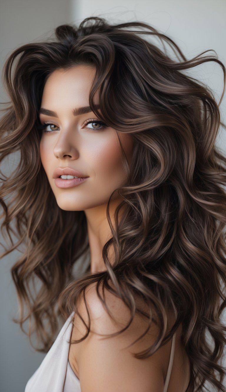Close-up of a woman with long wavy hair looking confidently at the camera against a blurred neutral background.