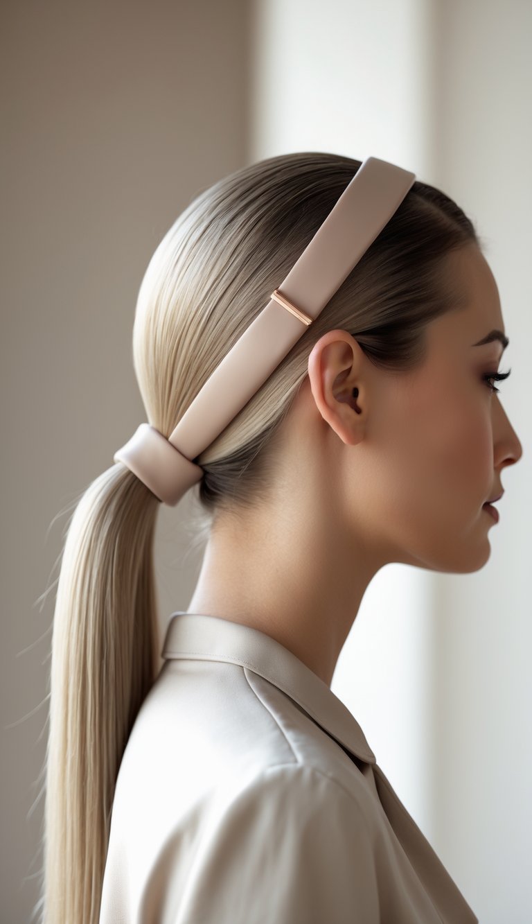 Close-up of a woman with her hair pulled back in a low ponytail secured with a smooth hair tie.