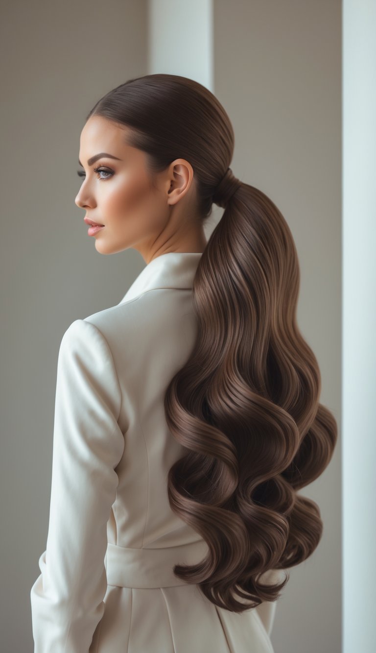 A woman with long wavy hair styled in a ponytail, standing against a plain background.