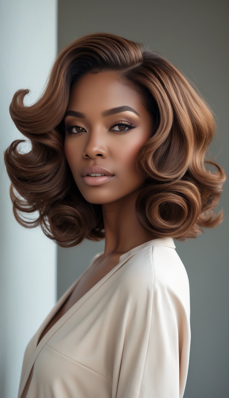 A woman with a wavy bob haircut posing against a neutral background.