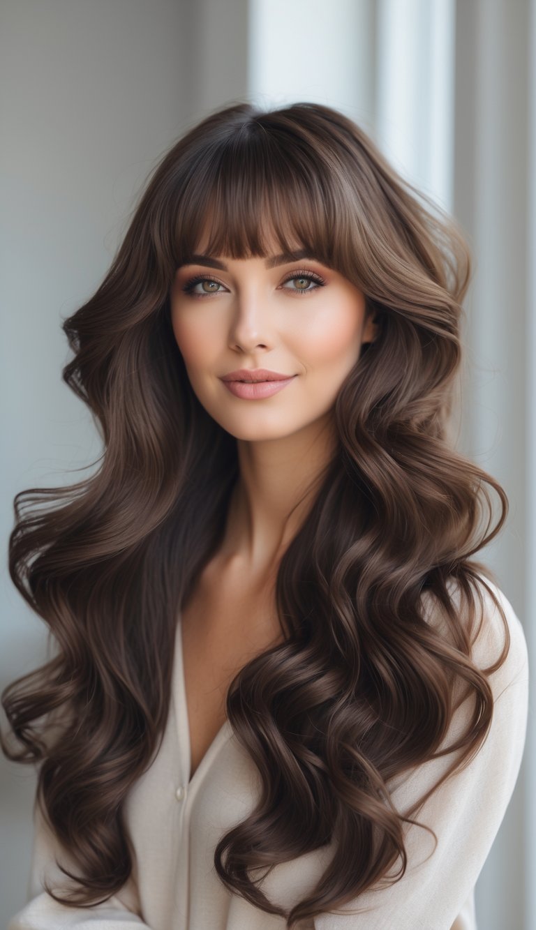 A woman with long wavy hair and curtain bangs looking confidently at the camera against a neutral background.