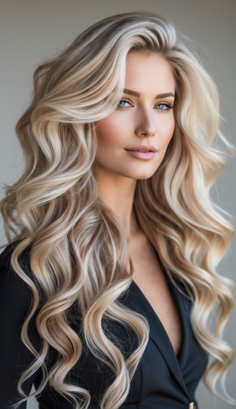 A woman with long, wavy hair featuring blonde highlights, looking confidently at the camera against a neutral background.