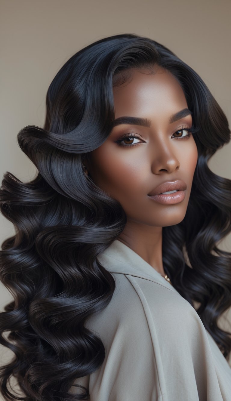 Close-up of a woman with long, wavy hair styled in defined spiral waves, looking confidently at the camera against a plain background.