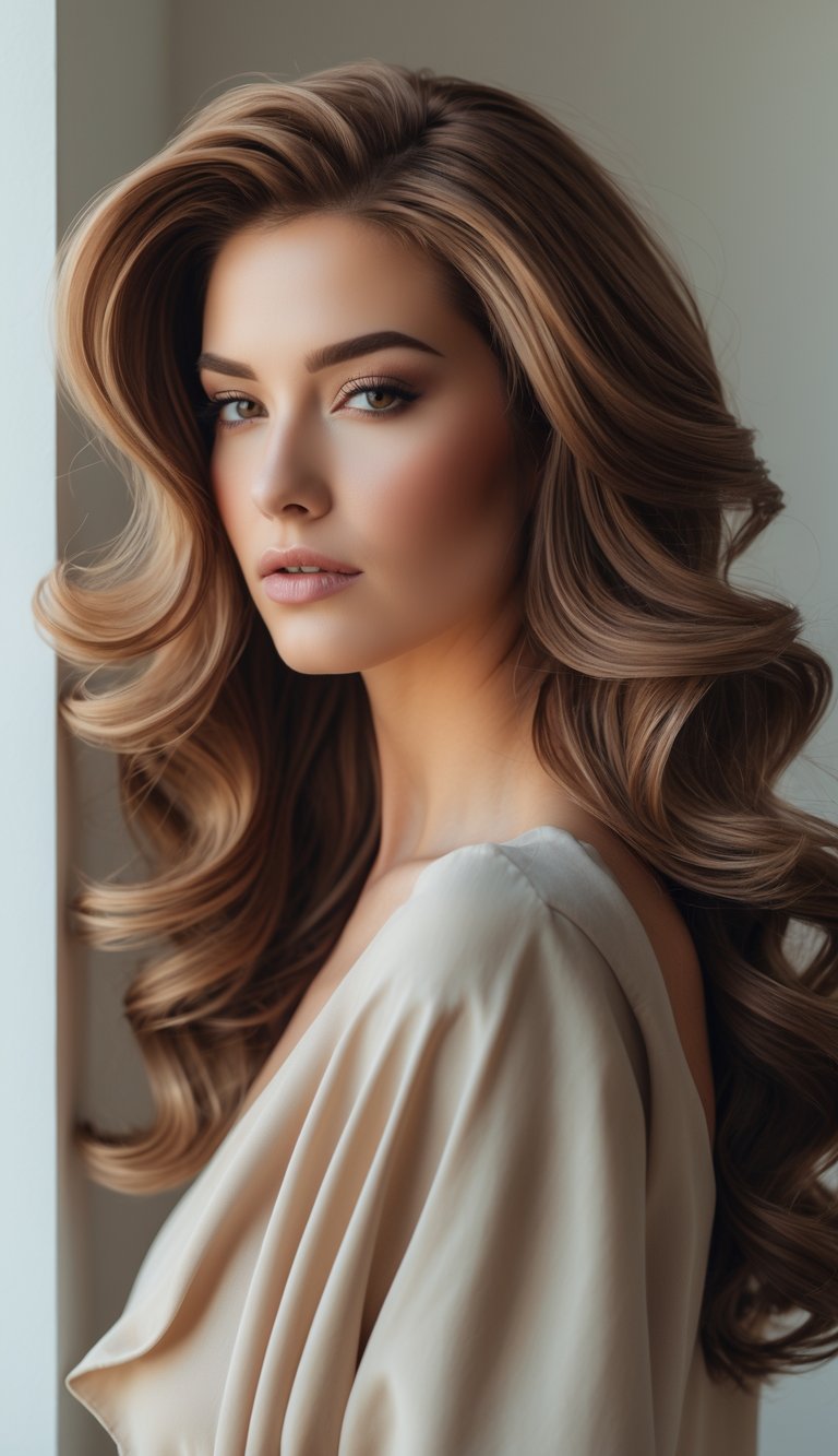 A woman with long wavy hair styled in layers framing her face, looking slightly to the side against a plain background.