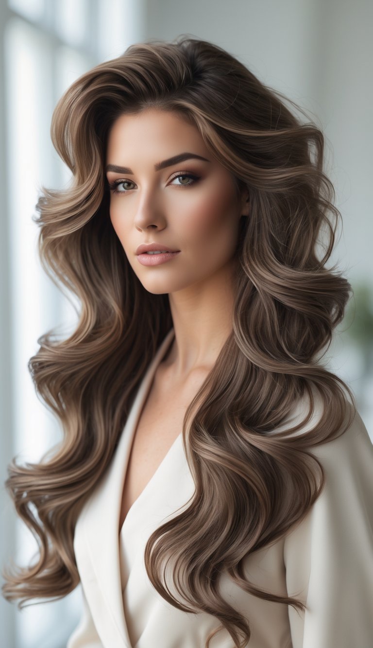 A woman with long, wavy hair with feathered ends looking confidently at the camera.