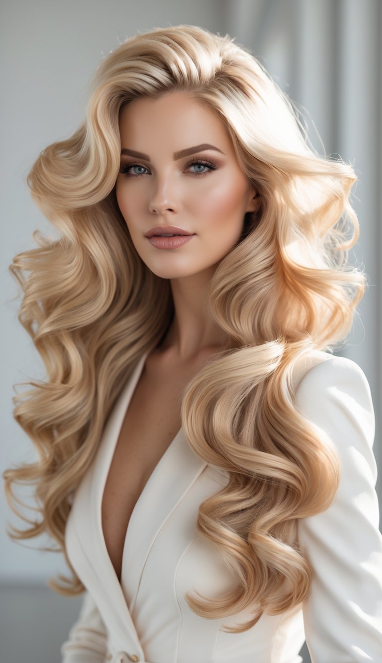 A woman with long, wavy blonde hair posing against a simple background.