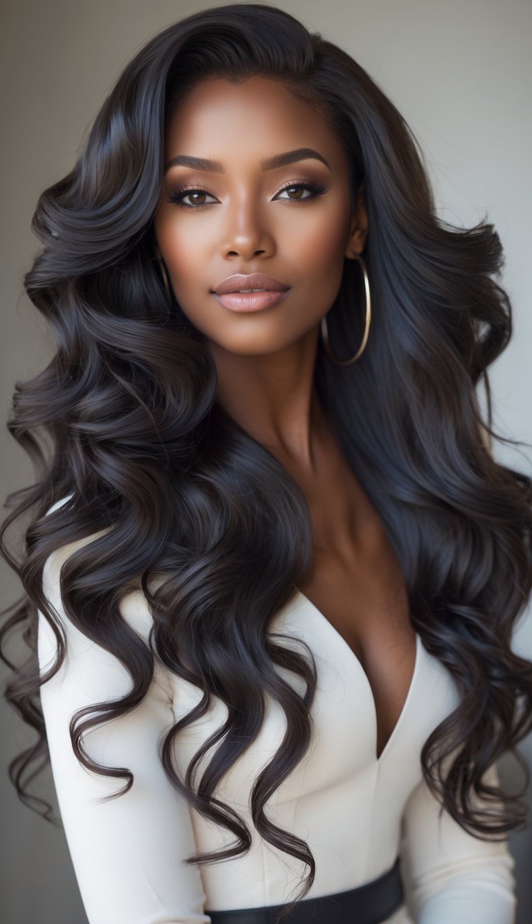 A woman with long wavy hair parted deeply to one side, looking confidently at the camera.