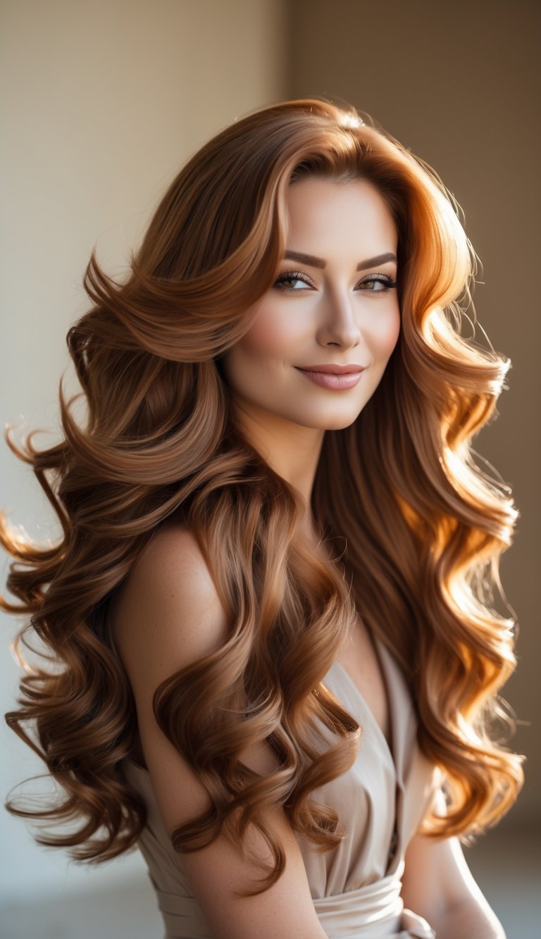 A woman with long, shiny caramel wavy hair smiling gently against a softly blurred background.