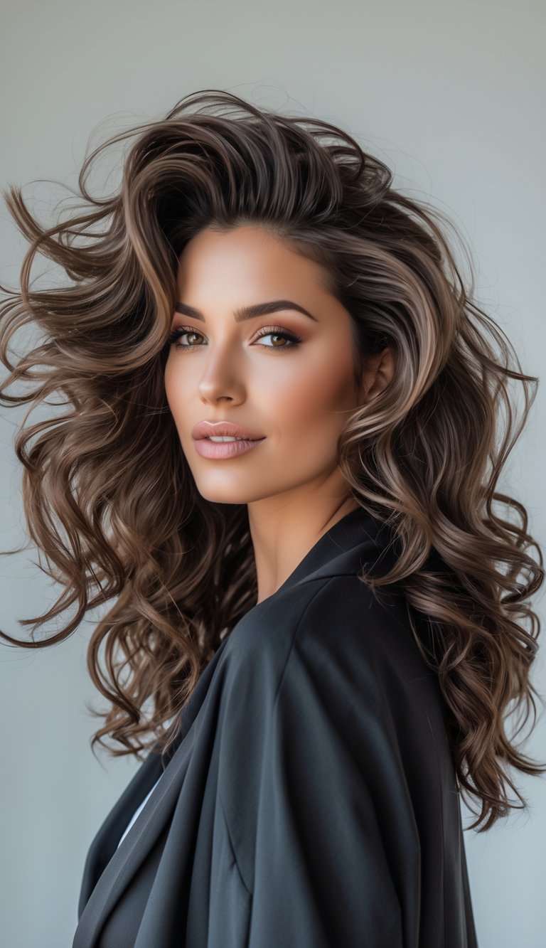 A woman with long wavy hair styled with volume at the roots, looking slightly angled away from the camera against a plain background.