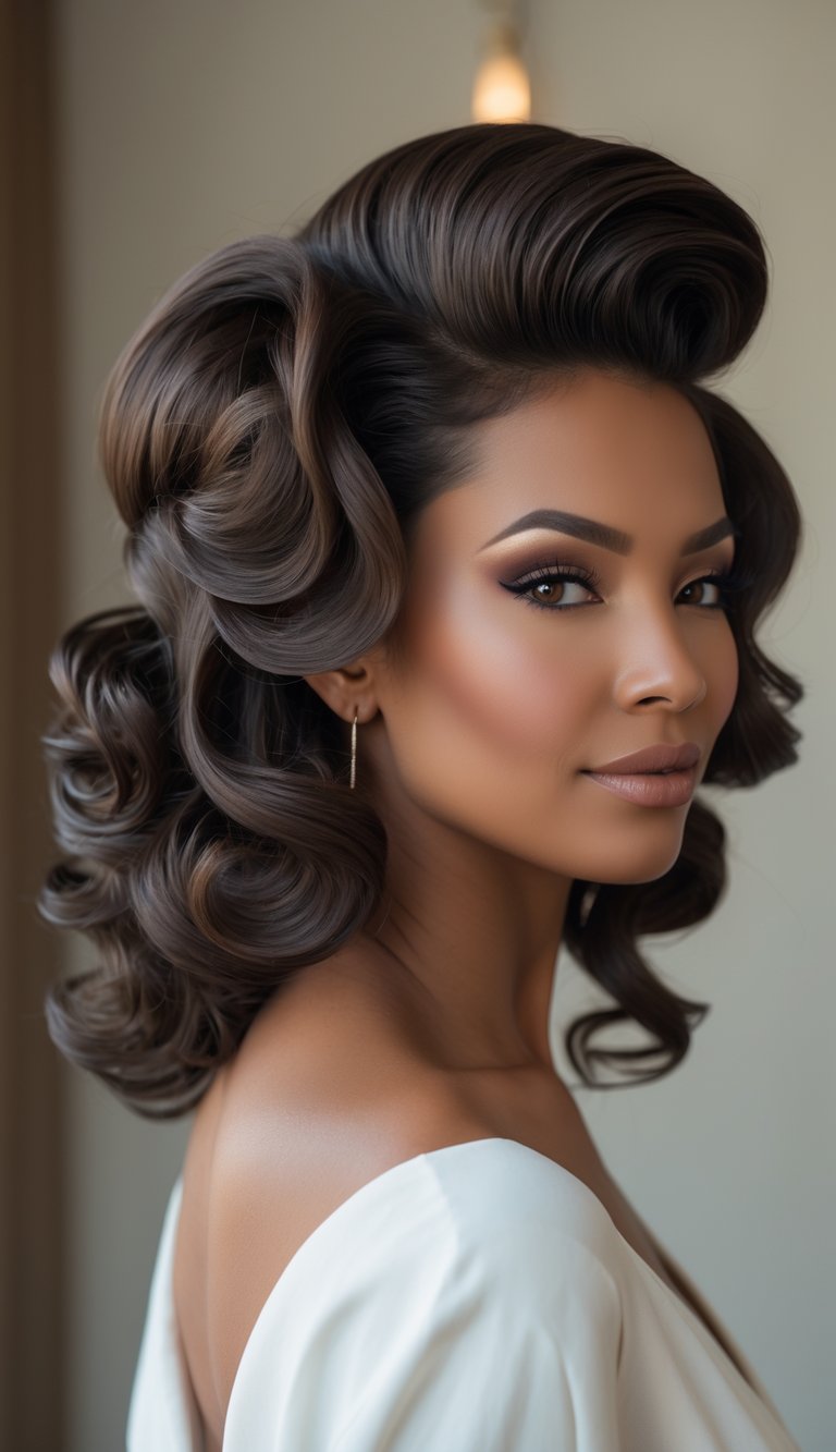 A woman with long wavy hair styled in an elegant updo, posing against a plain background.