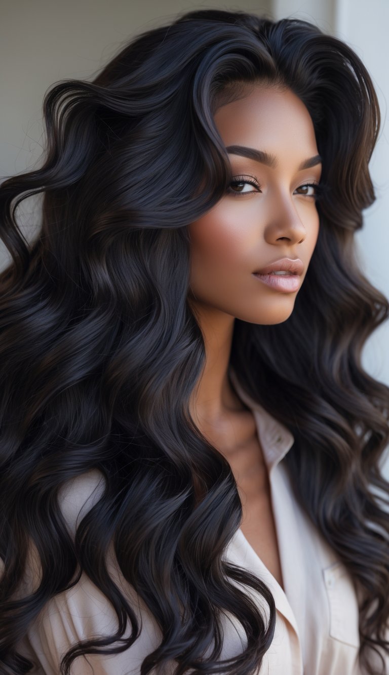 A woman with long, thick wavy hair and dark roots, shown from the shoulders up.