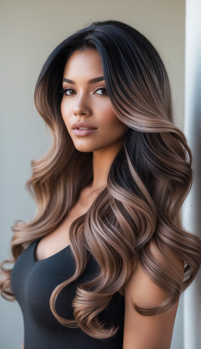 A woman with long wavy hair posing against a plain background.