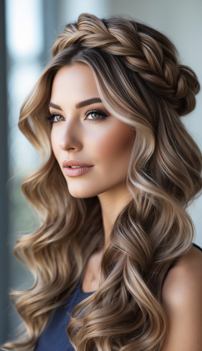 Woman with long wavy hair styled with a braided crown, looking slightly to the side against a neutral background.