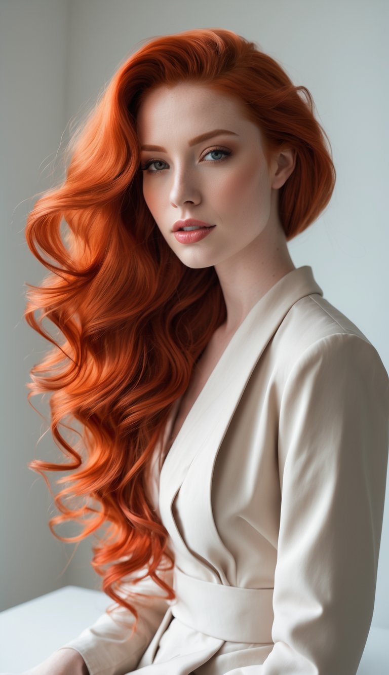 A young woman with long, wavy red hair against a neutral background.