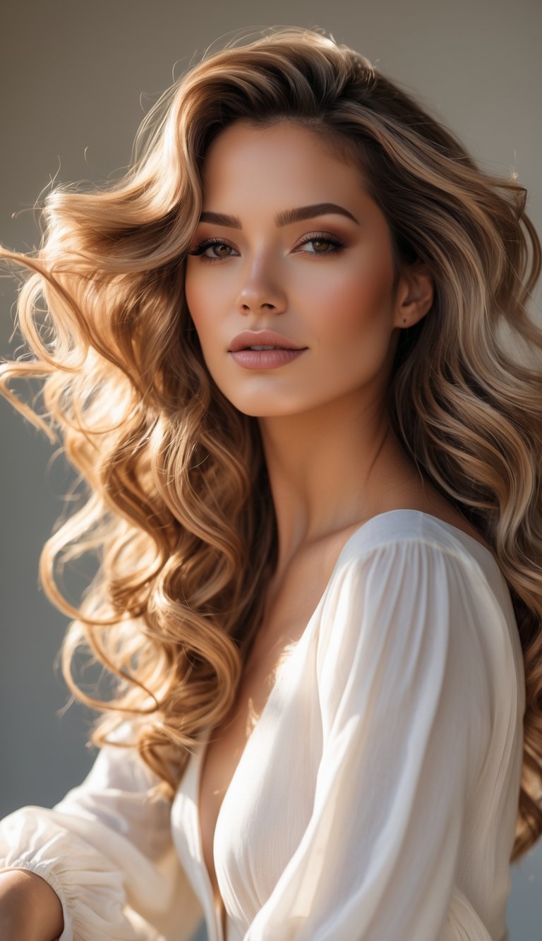 A woman with long, sunlit wavy hair styled in layered waves, smiling gently against a soft, neutral background.