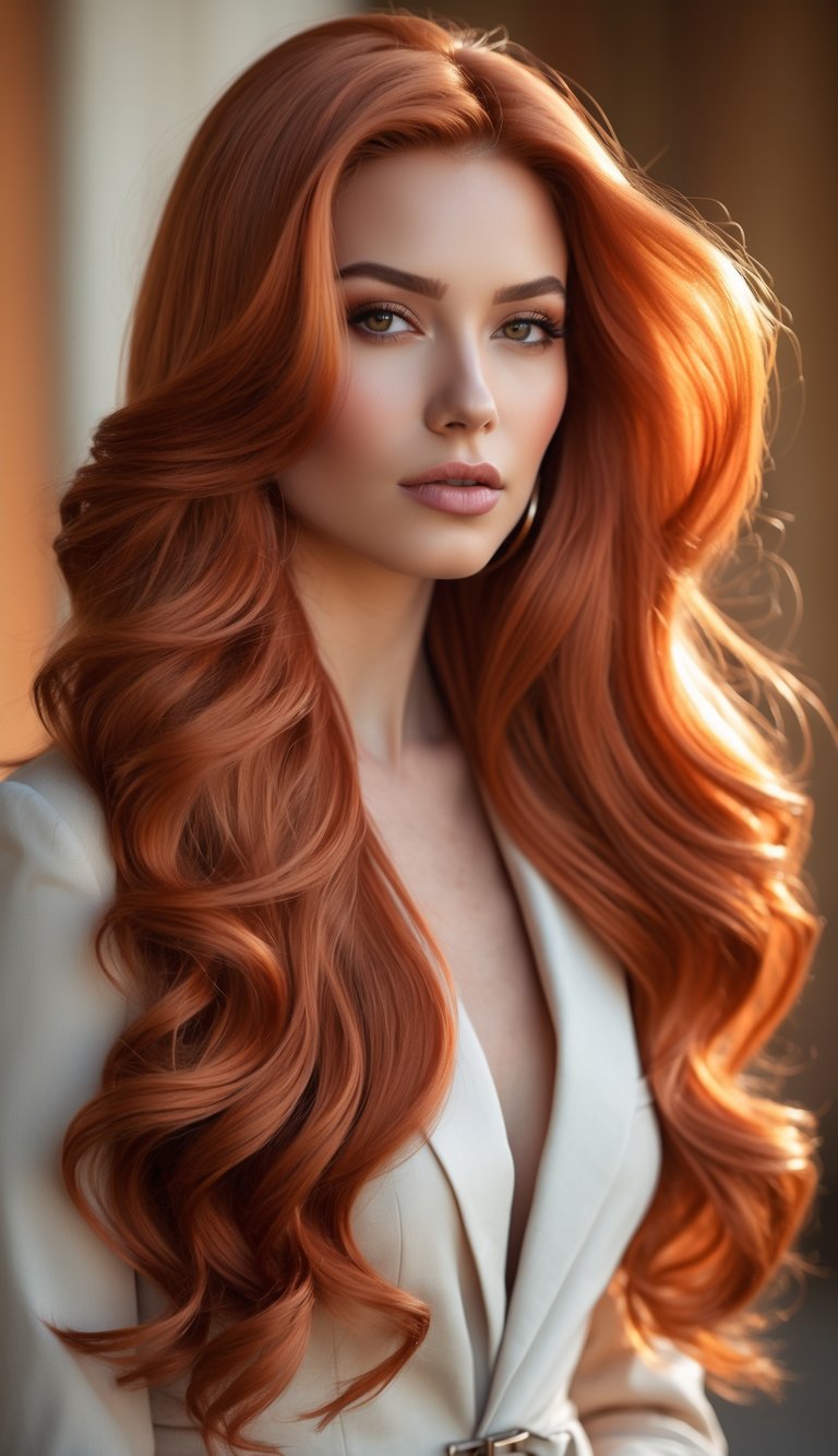 A woman with long, wavy copper-colored hair looking confidently at the camera against a softly blurred background.