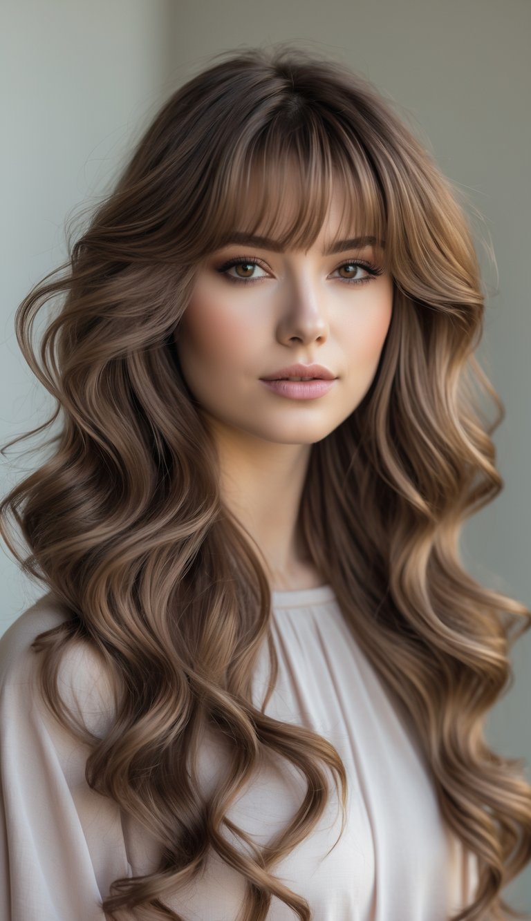 Young woman with long wavy hair and middle bangs looking confidently at the camera against a plain background.