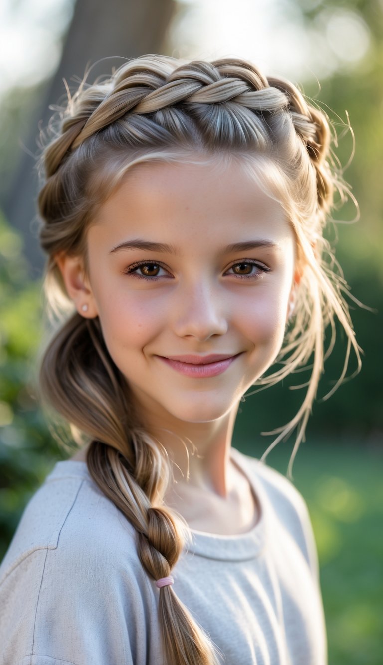 Teenage girl with a French crown braid smiling outdoors in natural light.