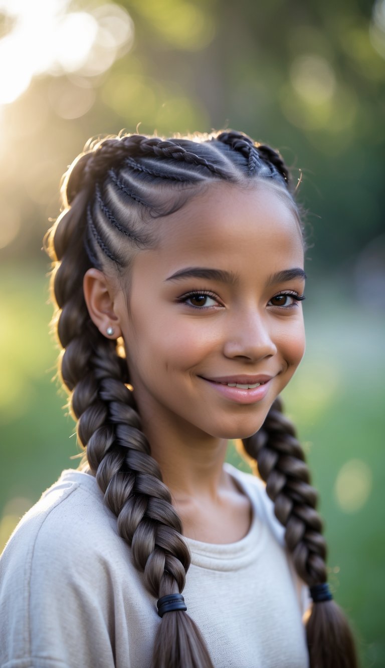 A teenage girl with double Dutch braids smiling outdoors with a blurred green background.