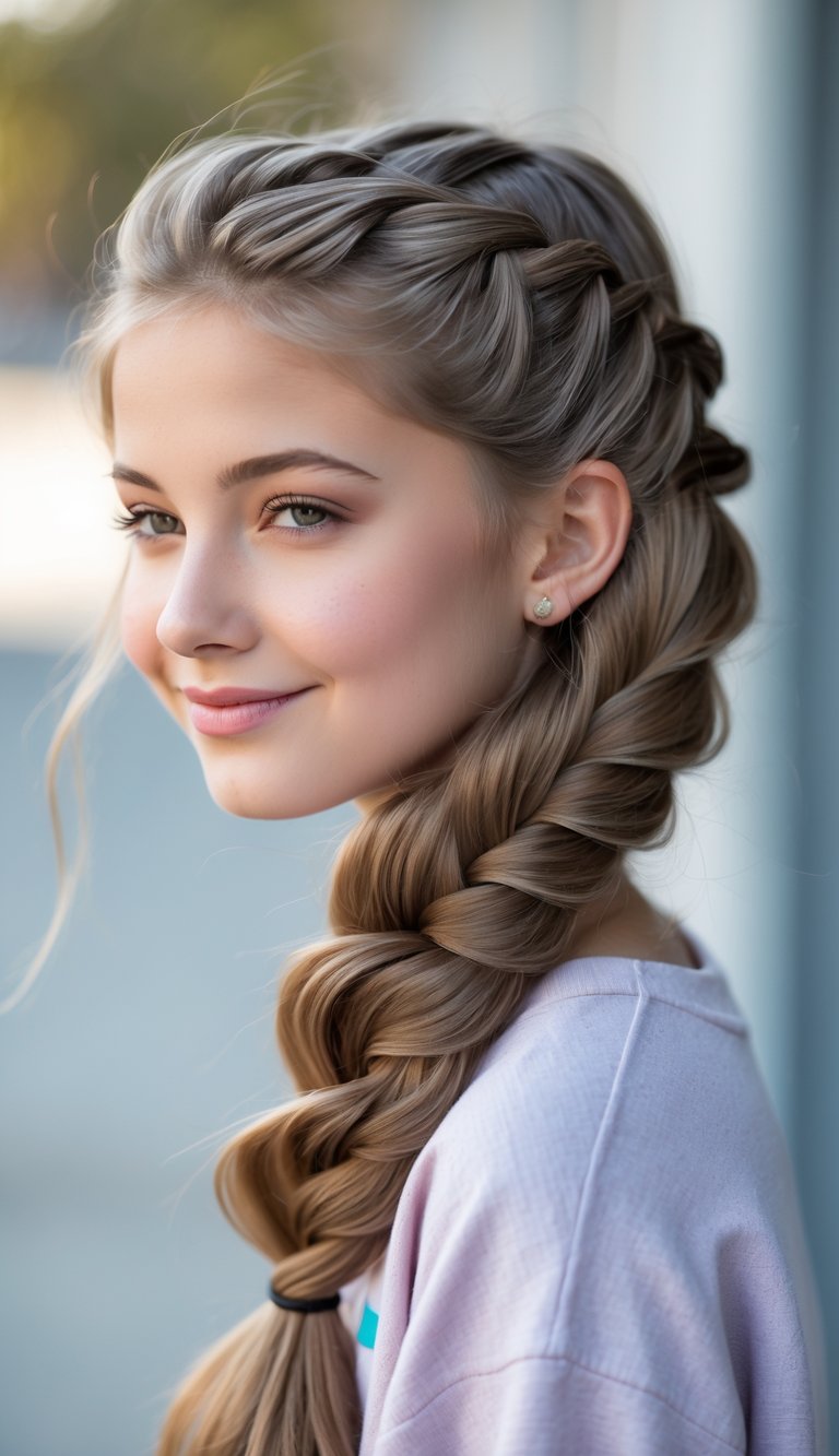 Teenage girl with long hair styled in a waterfall braid, smiling outdoors.