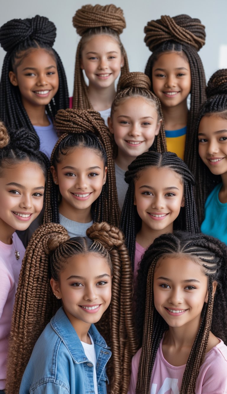 A group of teenage girls with different halo braid hairstyles smiling and posing together.
