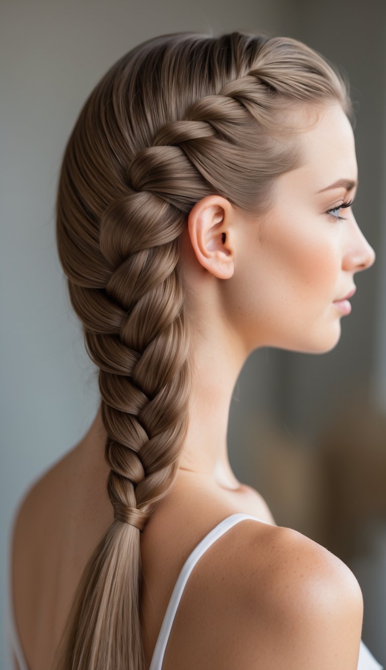 Close-up of a woman with a single fishtail braid viewed from the side against a blurred background.