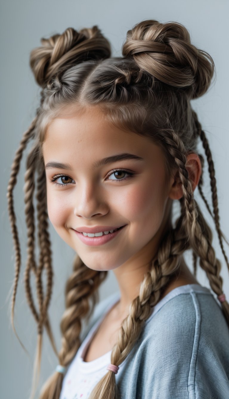 Teenage girl with two messy boxer braids smiling against a neutral background.