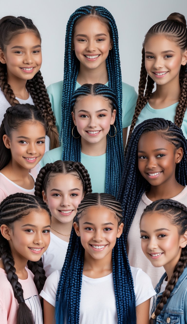 A group of teenage girls smiling and showing different goddess braids hairstyles in a bright studio.