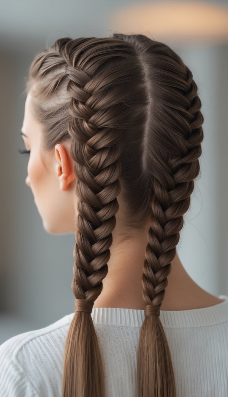 Close-up of a woman with two fishtail braids on either side of her head.