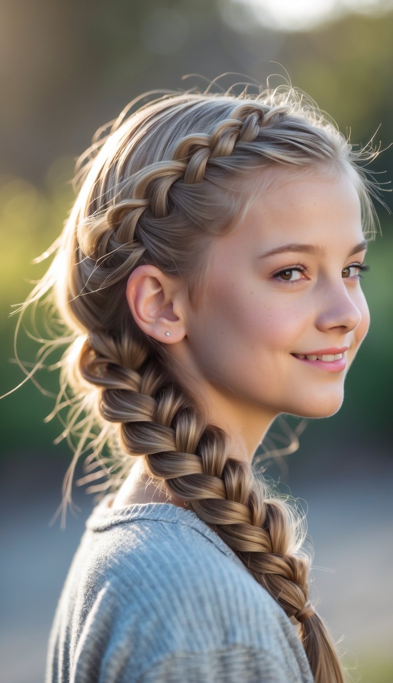 Teenage girl with a neatly styled ladder braid smiling outdoors with a blurred natural background.