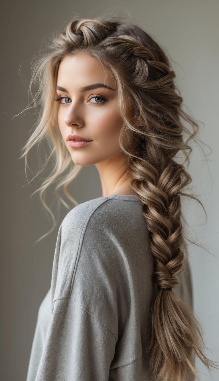 Young woman with a messy side fishtail braid over her shoulder, looking calmly at the camera against a neutral background.