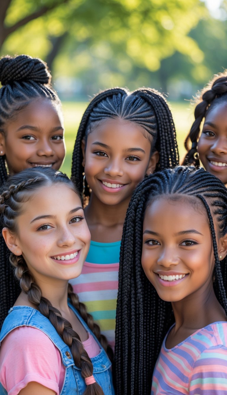 A group of teenage girls outdoors smiling, each with different milkmaid braid hairstyles.