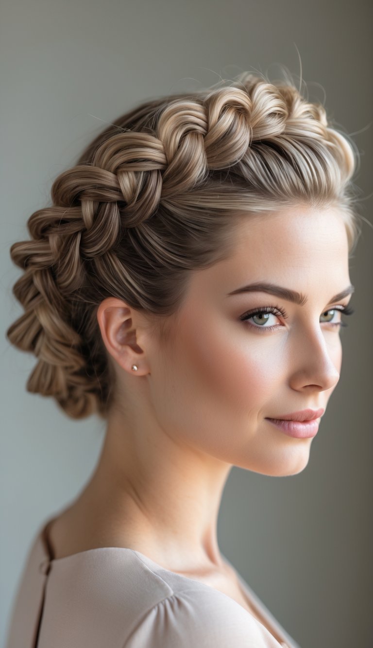 Close-up of a woman with a fishtail braid wrapped around her head as a crown.